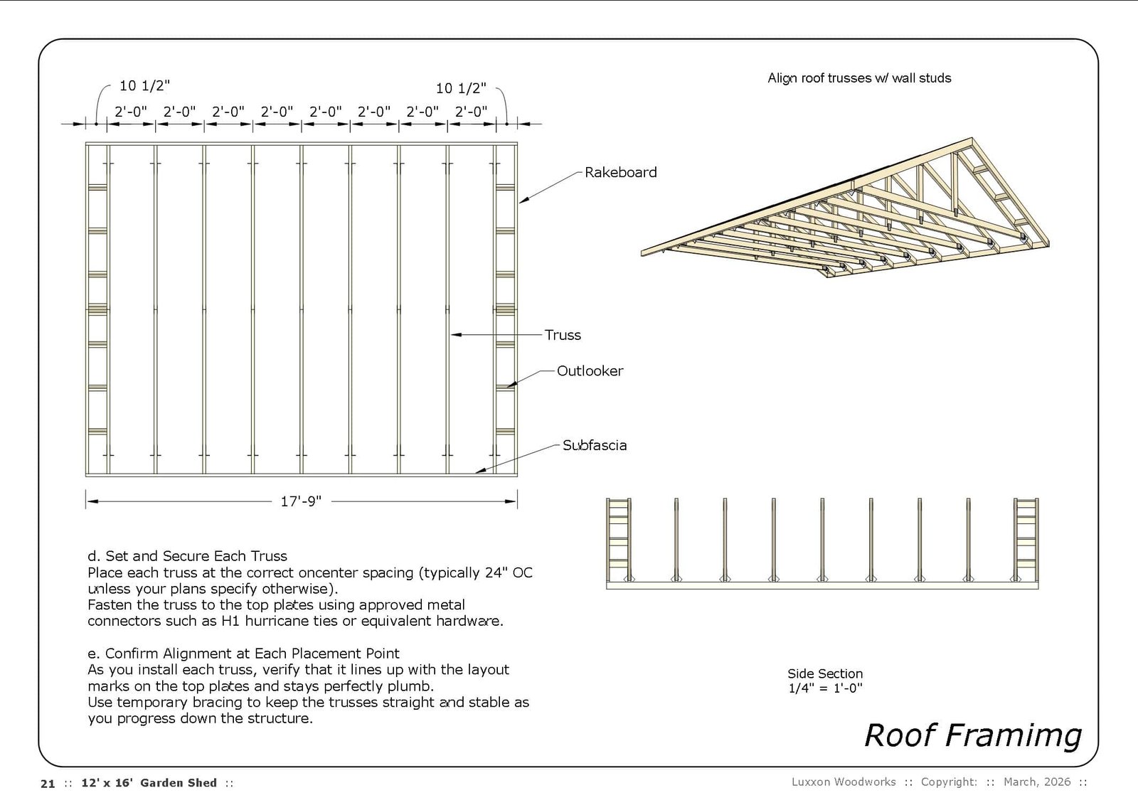 Roof framing drawing from a standardized 12x16 garden shed plan set